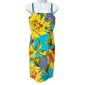 David Meister Yellow Blue Purple Sunflowers Floral Sheath Sleeveless Dress sz 4